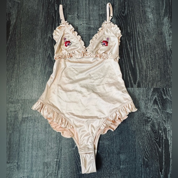 Stella McCartney Tops - Stella McCartney***Satin High Leg Champagne Bodysuit w/Embroidery***Small $285